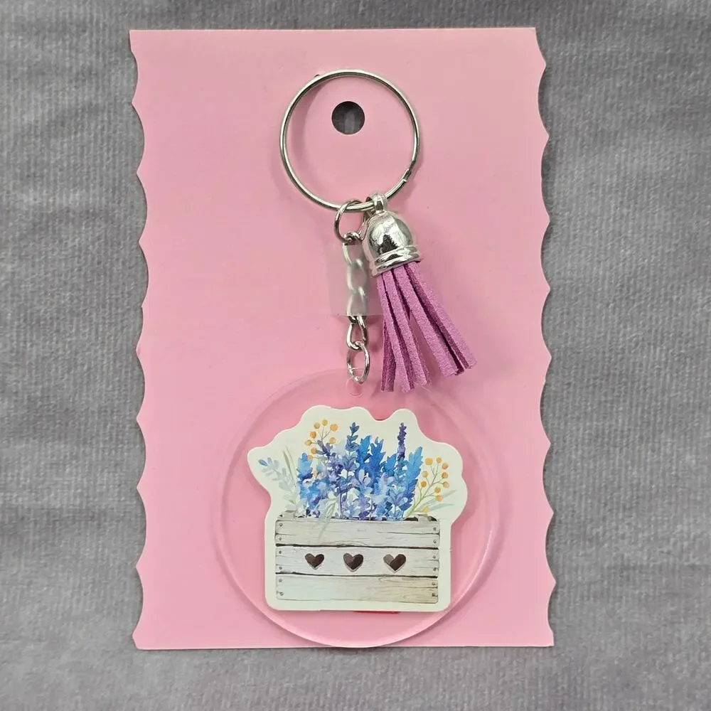 Letter Keychain Clear Silver Circle Handmade‎ Acrylic Tassel Flower P Purple